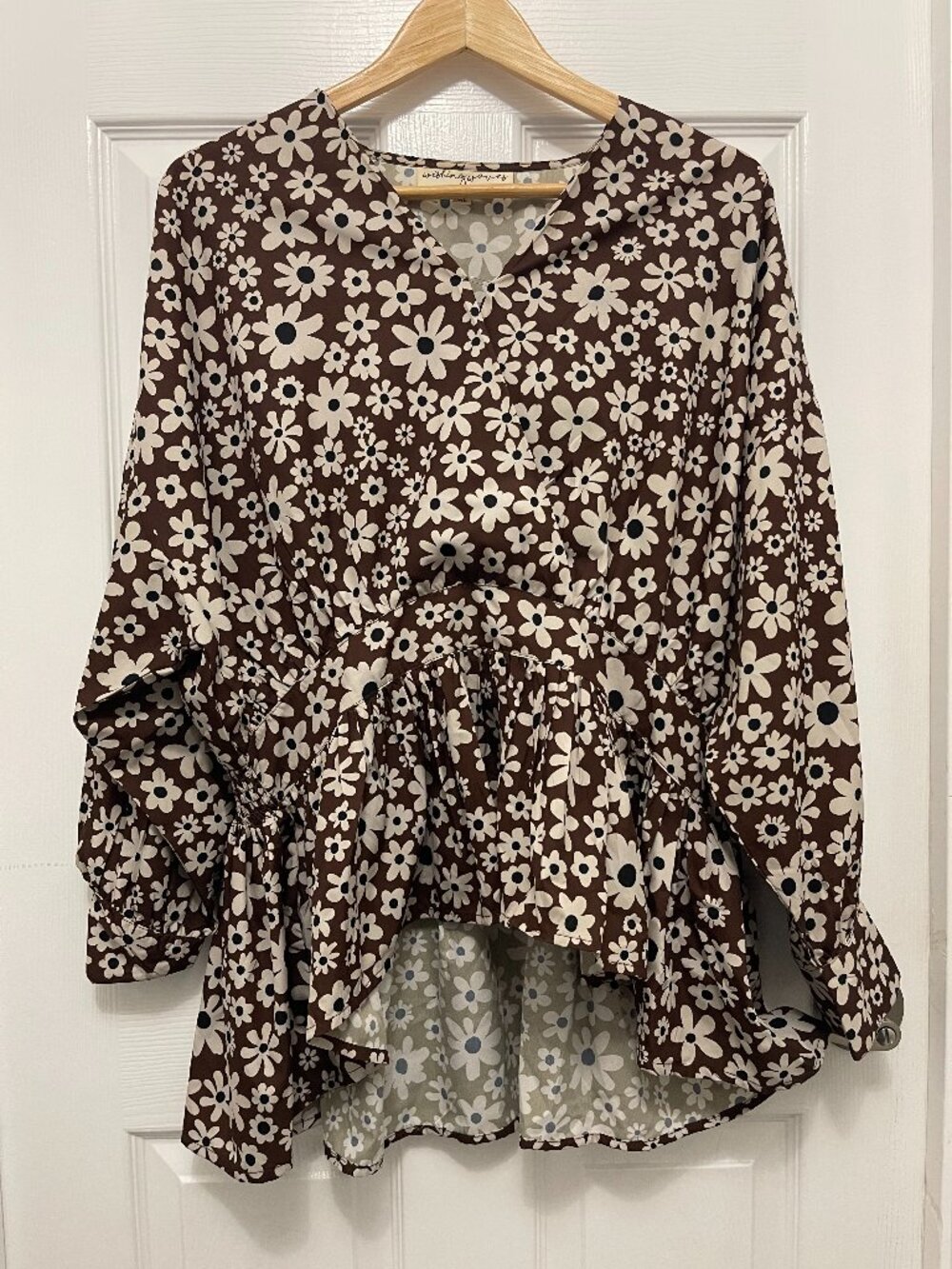 Wishing Waves Brown Floral Smocked Ruffle Blouse Top XL